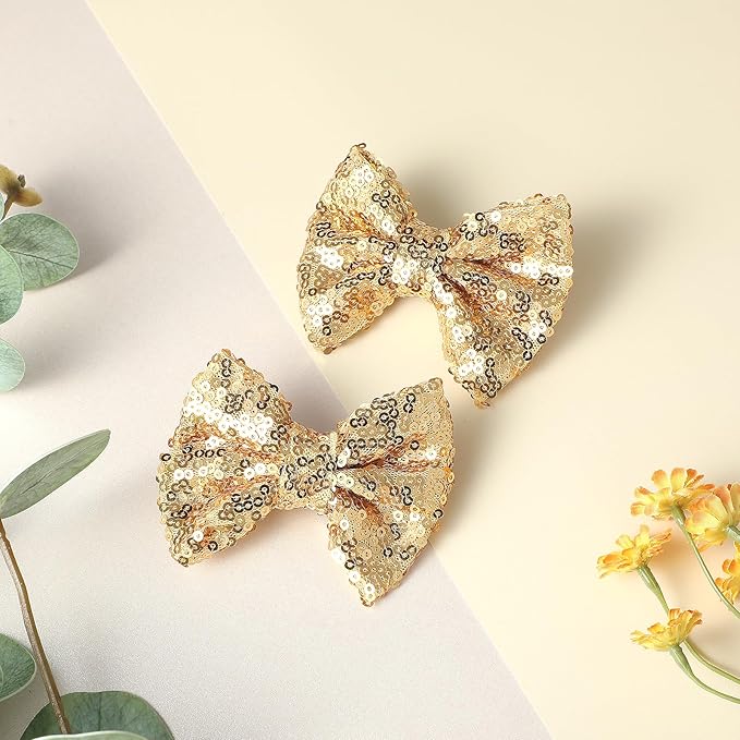 2pcs Sparkling Gold Sequin Bow Hair Clips – Glitter Hair for Girls