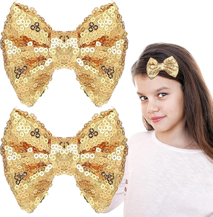 2pcs Sparkling Gold Sequin Bow Hair Clips – Glitter Hair for Girls