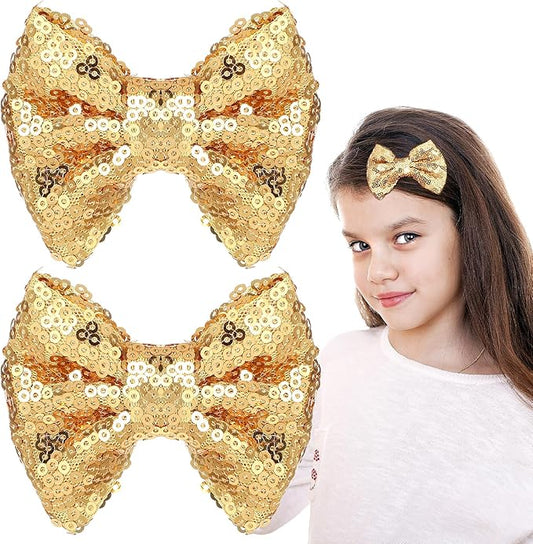 2pcs Sparkling Gold Sequin Bow Hair Clips – Glitter Hair for Girls