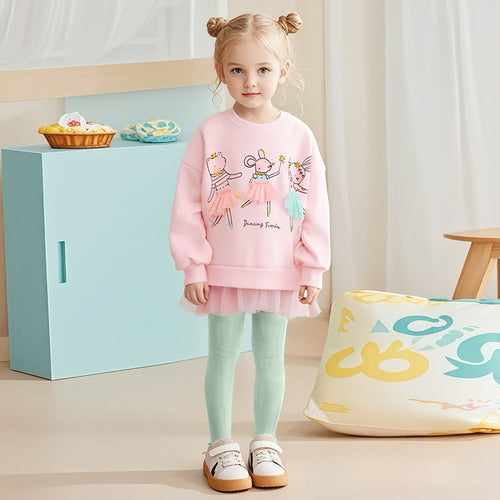 Autumn Arrival Kids Girls Cartoon Pattern Crew Neck Long Sleeves Lace