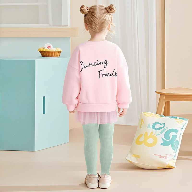 Autumn Arrival Kids Girls Cartoon Pattern Crew Neck Long Sleeves Lace