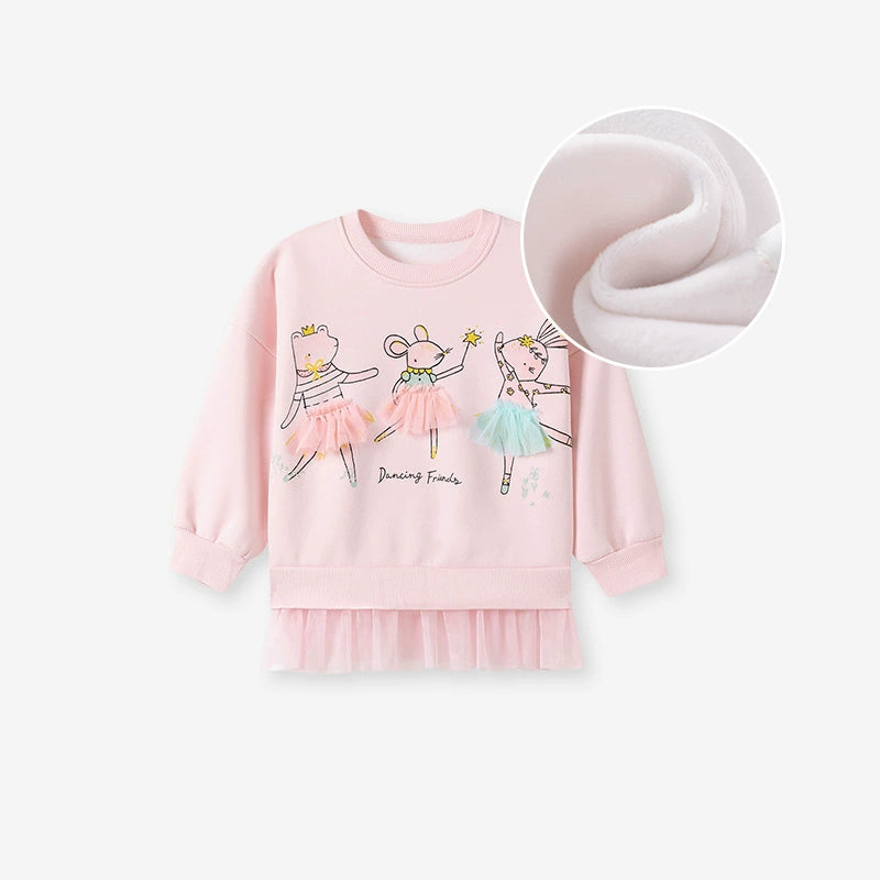 Autumn Arrival Kids Girls Cartoon Pattern Crew Neck Long Sleeves Lace